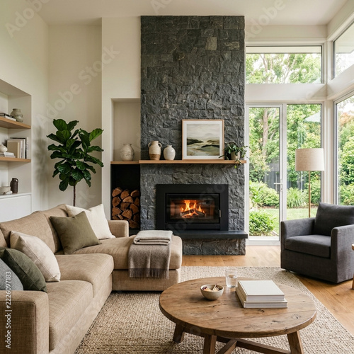 Cozy modern living room with fireplace sectional sofa and large windows overlooking garden