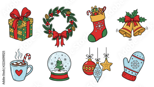 Hand Drawn Christmas Gift and Winter Celebration Clipart Bundle with Wreath Stocking Ornaments and Hot Chocolate