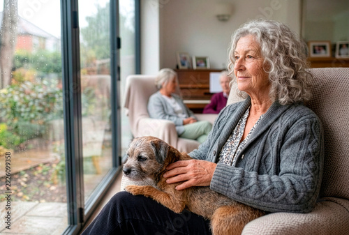 An older woman sits with her terrier dog on her lap in a bright, comfortable rentirement home