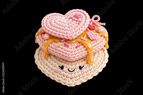 Adorable kawaii amigurumi crochet art of smiling heart-shaped pancakes drizzled with caramel, isolated for a Valentine's Day sweet treat or handmade craft concept.