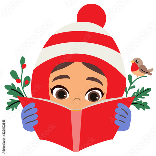 Cute Latina girl reading a book accompanied by a small friendly bird, creating a warm educational and literary scene. Character illustration suitable for children's publishing
