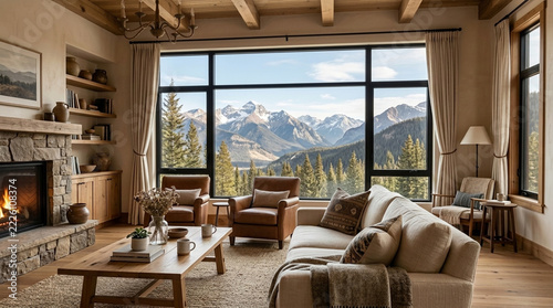 Cozy Living Room with Mountain View Fireplace and Large Window