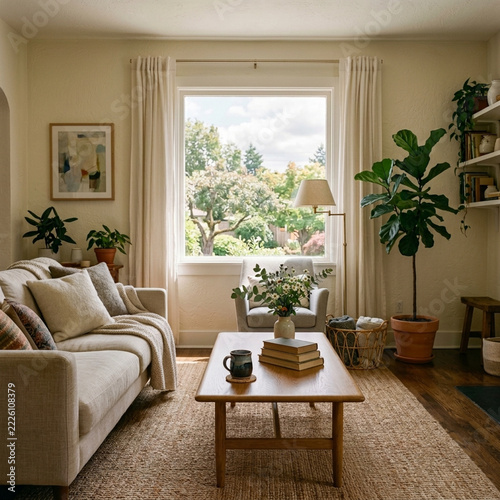 Cozy Living Room with Natural Light and Lush Greenery View from Window