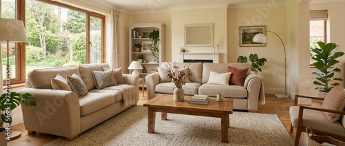 Cozy Living Room with Natural Light Comfortable Sofas and Green Plants Ideal for Home Decor and Lifestyle