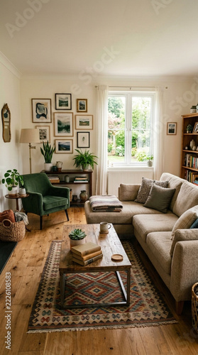 Cozy living room with sectional sofa armchair gallery wall and coffee table Natural light streams through window