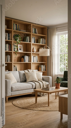 Cozy living room with floor to ceiling wooden bookshelves filled with books and a comfortable sofa