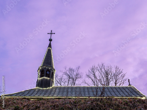Notre Dame Du Chateau Chapel With Lights At Purple Dusk