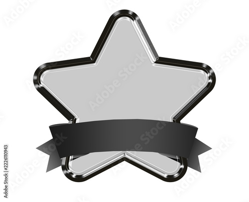 3D Black Glass Five Point Star Badge with Glossy Black Metallic Chrome Border and Blank Black Ribbon Banner, Luxury Futuristic Award Emblem, Reflective Glass Frame Isolated on Transparent Background