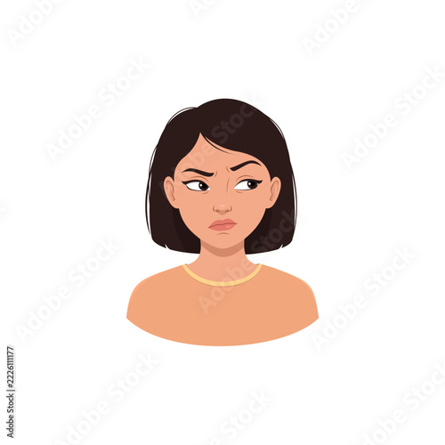 Obraz na plátně Vector illustration of a young woman showing an envious and jealous facial expression, with sideways glancing eyes, furrowed eyebrows, and a displeased look