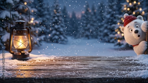 A cute cartoon polar bear wearing a red winter hat peeking from behind a wooden surface next to a glowing vintage lantern in a snowy forest at night