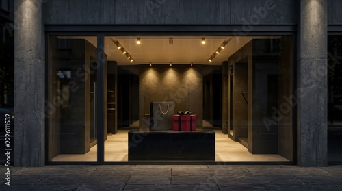 Modern storefront window display at night with a shopping bag and a red gift box on a pedestal, 3d render