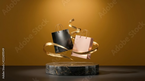 Two luxury shopping bags, one black and one rose gold, floating above a marble pedestal with golden ribbons, against a warm gold background