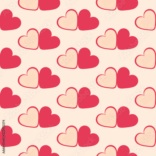 Cute valentines day seamless pattern vector illustration with paired red and pink hearts on beige romantic background
