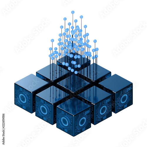 3D blue tech cubes with antenna network infrastructure data storage server concept isolated on white background   