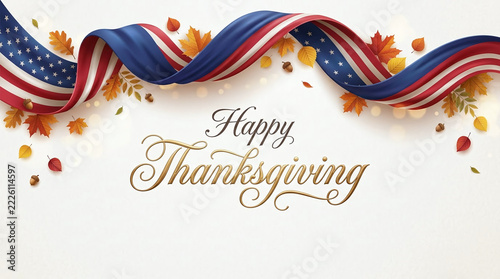 Happy thanksgiving greeting featuring flowing american flag ribbons and autumnal