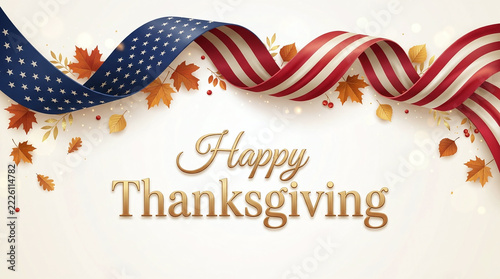 Happy thanksgiving text framed by american flag ribbons and scattered autumn