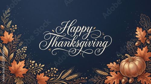 Happy thanksgiving calligraphy surrounded by pumpkins and golden autumn