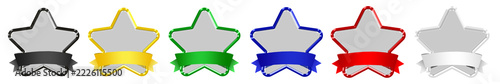 3D Glass Five Point Star Badge Collection in Black, White, Red, Blue, Gold, Purple and Green with Glossy Metallic Chrome Borders and Blank Matching Ribbon Banners, Luxury Award Emblem UI Element Set 