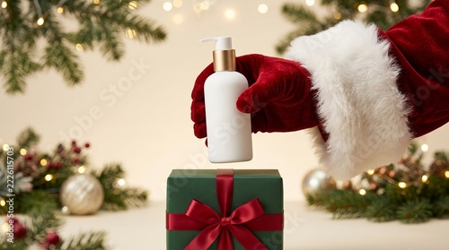 Santa Hand Picking Up a White Lotion Bottle from a Green Gift Pedestal