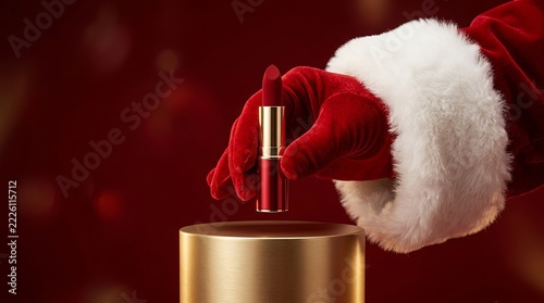 Santa Hand Holding Red Lipstick on a Gold Pedestal