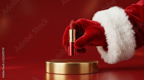 Santa Hand Holding Red Lipstick on a Gold Pedestal