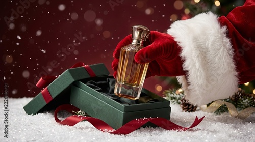 Santa Hand Picking Up a Tall Perfume Bottle from a Green Gift Box