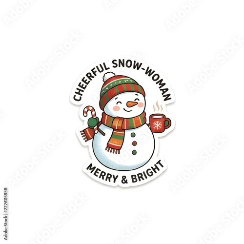 Merry and Bright Christmas Snowwoman Sticker Design, Cute Snowman Character with Scarf and Beanie