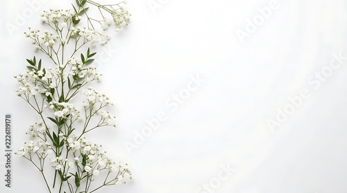 Delicate white baby breath flowers arranged in a vertical line on a clean plain white texture background surface