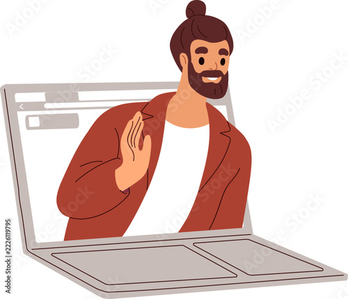 Online communication concept. Man gesturing hi during remote virtual call. Bu...