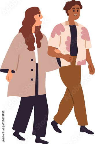 Love couple walking. Happy romantic woman and man strolling, talking together...