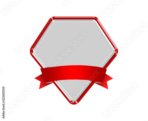 Glossy Glass Diamond Shaped Badge Emblem with Red Metallic Chrome Border and Vibrant Red Gradient Ribbon Banner, Futuristic 3D Glassmorphism Diamond Award Frame with Empty Center for Custom Text