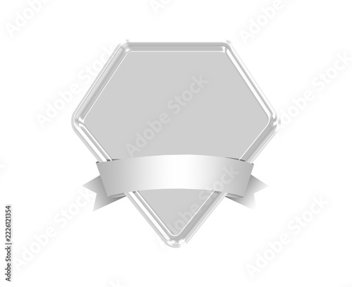Glossy Glass Diamond Shaped Badge Emblem with White Metallic Chrome Border and White Gradient Ribbon Banner, Futuristic 3D Glassmorphism Diamond Award Frame with Empty Center for Custom Text