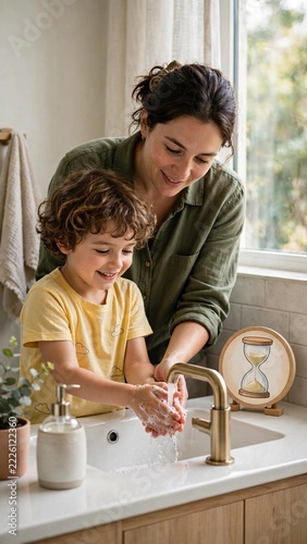 Vertical Warm natural light lifestyle photo of a loving mother guiding her smiling son as he washes his hands at the sink, using an hourglass timer for a fun hygiene lesson.