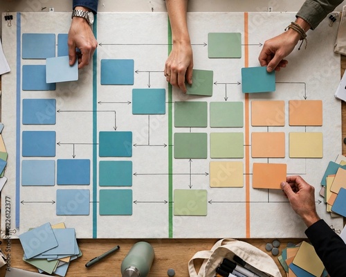 Top-down flat lay of a diverse team building a process flowchart with colored cards, a hands-on approach to strategic planning and agile project management in a workshop.