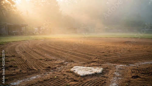 Cinematic soft focus photograph of home plate on a misty baseball diamond at sunrise, evoking nostalgia and the quiet spirit of American little league sports.