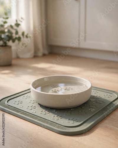 Vertical Soft focus lifestyle photo of a dog's ceramic water bowl on a sage green silicone mat in a sunlit modern kitchen, showcasing pet hydration and stylish home pet accessories.