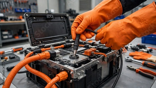 Industrial workshop closeup photo of a technician in orange safety gloves meticulously assembling a high-voltage lithium battery for an electric vehicle, showcasing e-mobility R&D and energy storage t