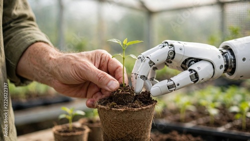 High-tech agricultural photo of a human farmer and AI robot hand gently planting a green seedling together in a greenhouse, showing collaboration and synergy.