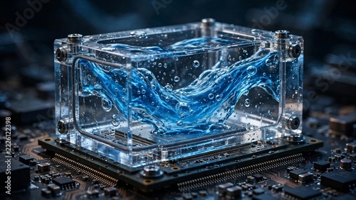 Hyperrealistic technology macro photo of blue liquid coolant swirling in a transparent block over a CPU on a dark motherboard, a conceptual background for AI and data processing.