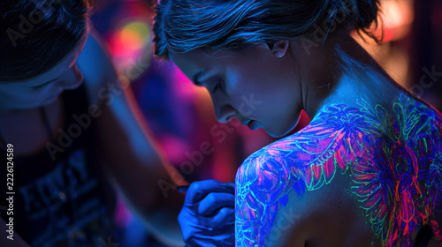 Tattoo artist applying fluorescent body art to clients shoulder under vivid ultraviolet lighting, with blue gloves and colorful illuminated surroundings in closeup creative studio scene