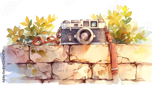 Vintage camera with leather strap resting on sunlit stone wall surrounded by golden leafy branches in a detailed watercolor illustration style