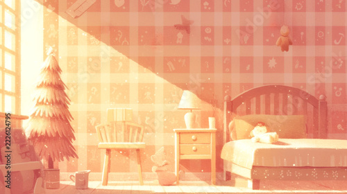 Cozy vintage Christmas bedroom illustration with decorated tree, wooden bed, bedside table, rocking horse and warm sunlight through windows in a festive interior scene