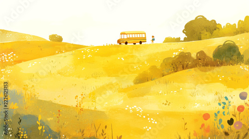 Colorful digital illustration of a yellow school bus crossing rolling countryside with wildflowers, trees, hills, and bright summer scenery in a storybook landscape
