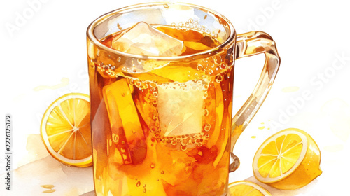 Amber iced citrus beverage in transparent glass mug with lemon slices, ice cubes, bubbles, and bright white background, vibrant watercolor food and drink illustration