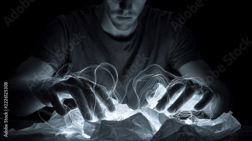 Person manipulating luminous flowing threads above crumpled material in dramatic monochrome lighting, abstract experimental visual composition with illuminated hand gestures and texture