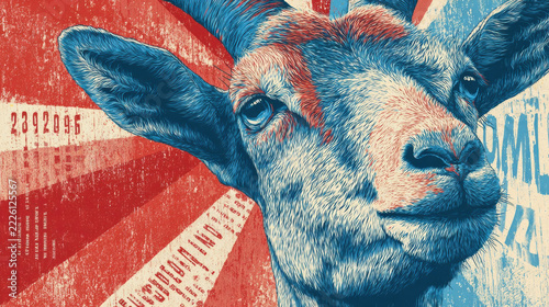 stylized closeup portrait of a young sheep with blue and cream wool against distressed red and cream graphic background, vintage screen print illustration