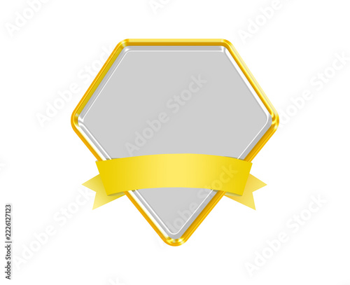 Glossy Glass Diamond Shaped Badge Emblem with Gold Metallic Chrome Border and Luxurious Gold Gradient Ribbon Banner, Futuristic 3D Glassmorphism Diamond Award Frame with Empty Center for Custom Text
