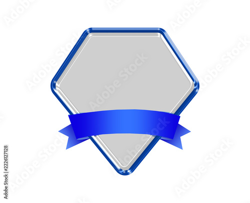 Glossy Glass Diamond Shaped Badge Emblem with Blue Metallic Chrome Border and Vibrant Blue Gradient Ribbon Banner, Futuristic 3D Glassmorphism Diamond Award Frame with Empty Center for Custom Text