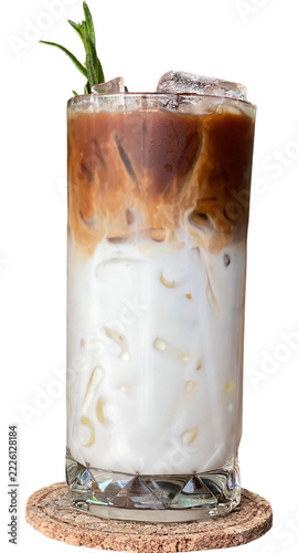 Obraz na plátně Refreshing iced latte coffee served in a tall glass with ice cubes and fresh min