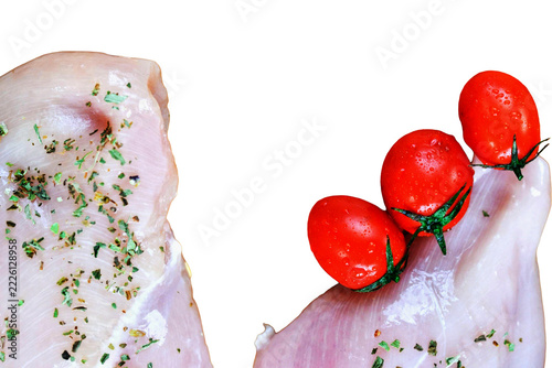 Obraz na plátně Raw chicken breast seasoned with herbs and fresh cherry tomatoes meat meal prep